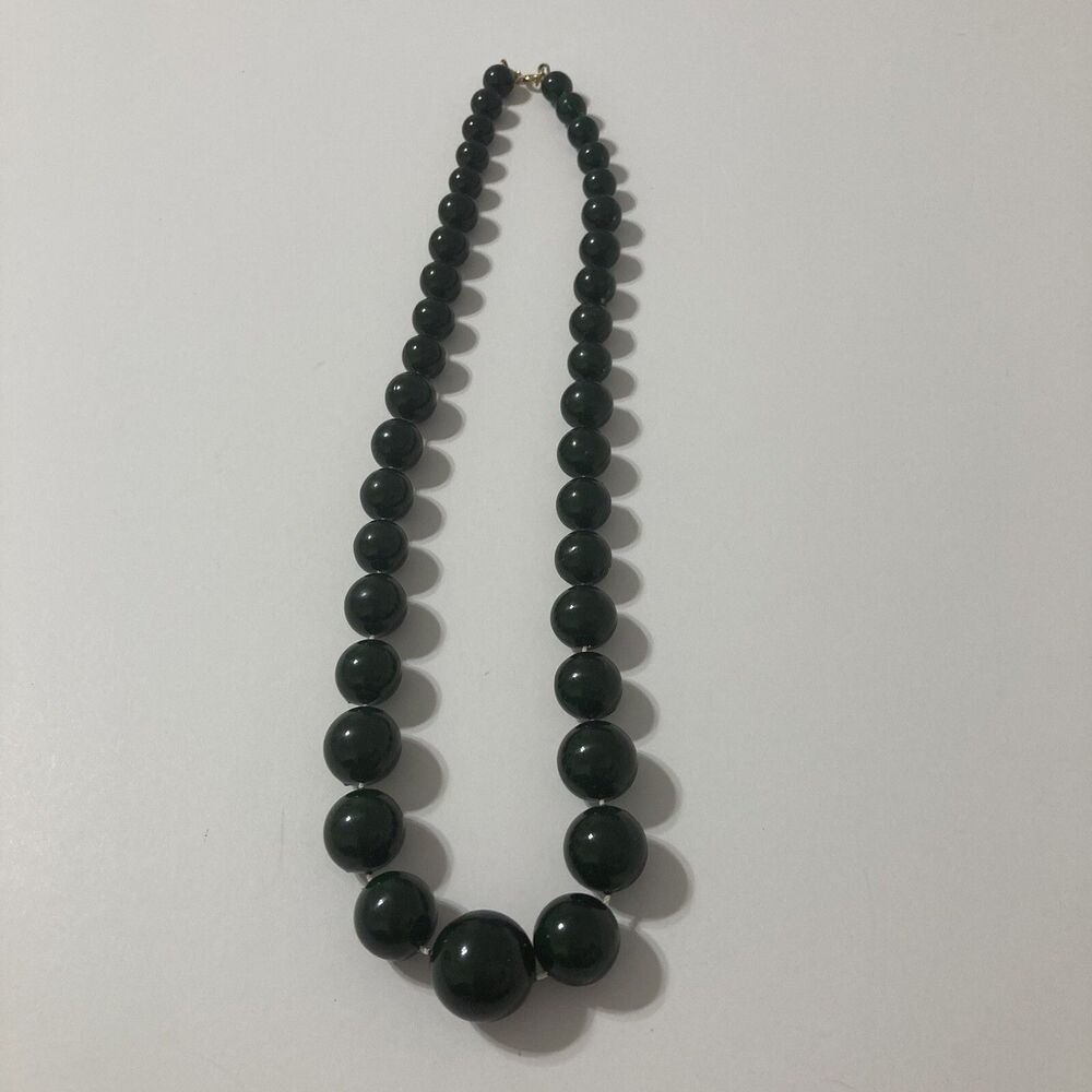 Dark Green Gold Tone Graduation Bead Round Acrylic Necklace Bohemian Hippy